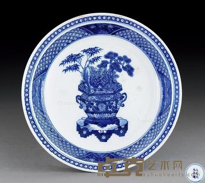  清 青花锦地岁寒三友折沿盘 直径20.3cm