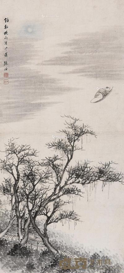  月夜归棹 立轴 设色纸本 120×54cm