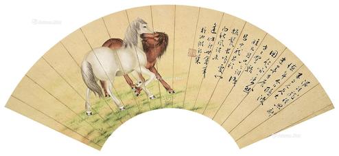  双骏图 扇面镜片 设色纸本