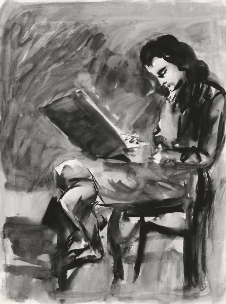  阅读的女人（背面：有城堡的风景） 纸本水墨（背面：纸本水彩）