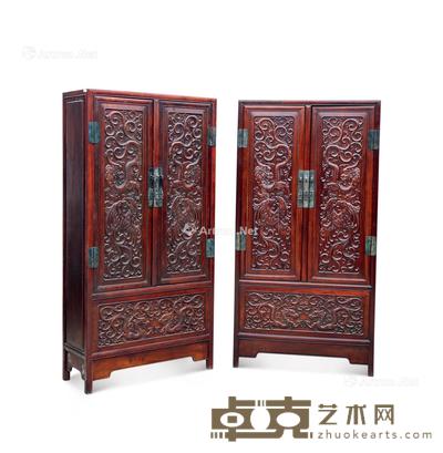  清 红木雕龙凤书柜 （一对） 83×32×162cm