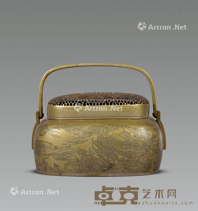  清 白铜錾刻山水人物手炉 长19cm