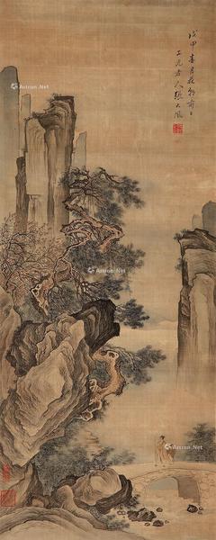  秋山策杖 立轴 设色纸本