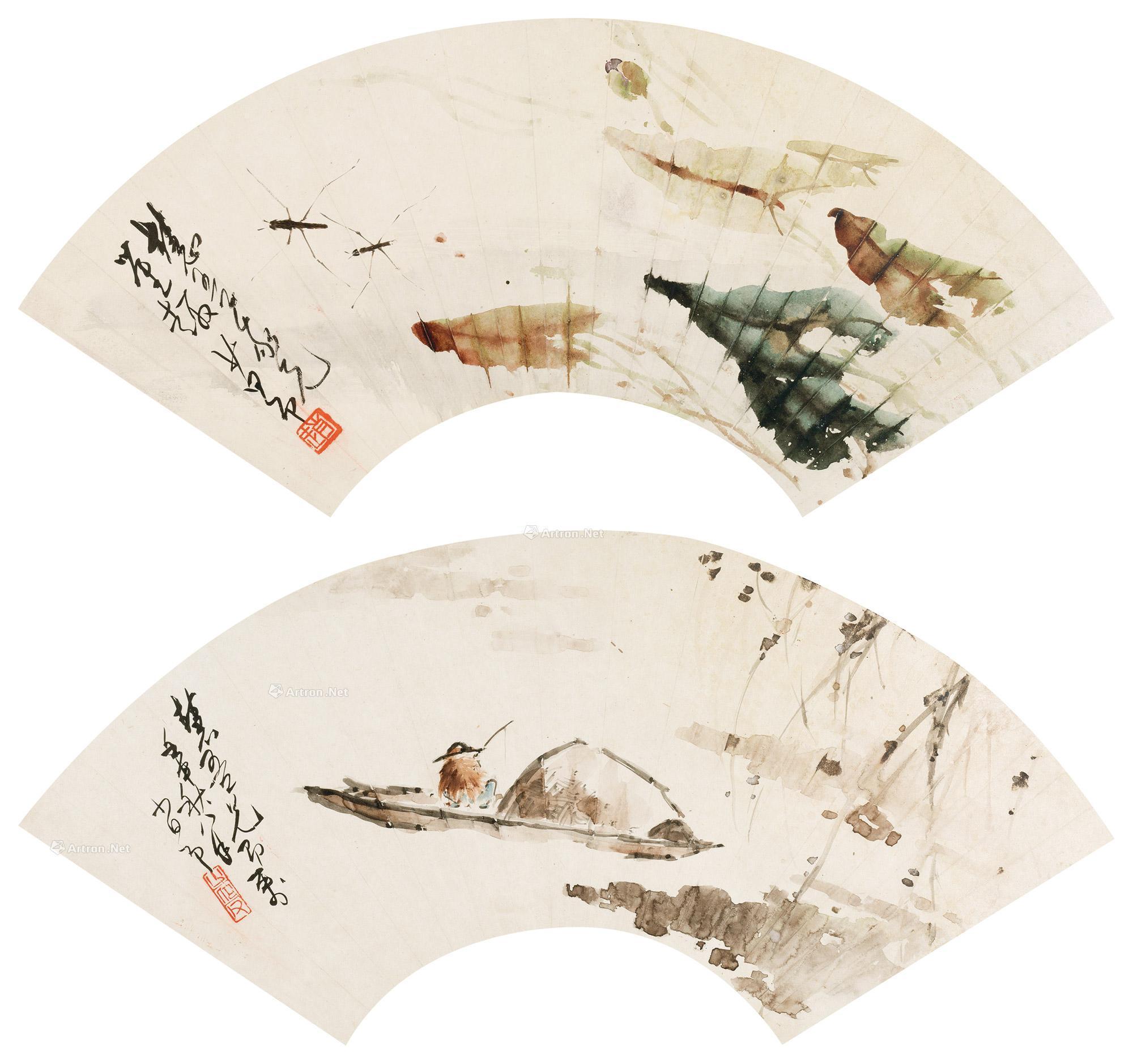 荷花草虫 垂钓图 扇面 设色纸本图录号:625年代:暂无艺术家:赵少昂