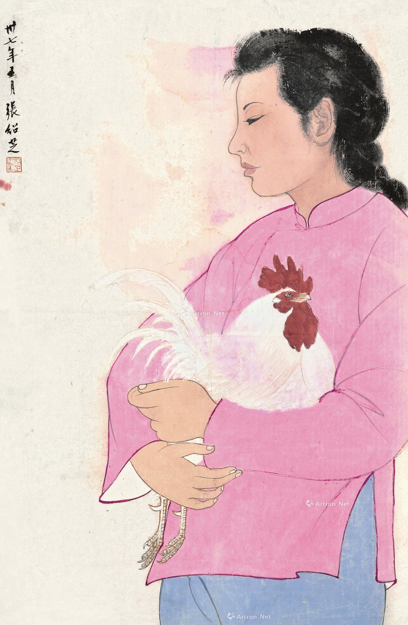 抱鸡妇女镜心纸本