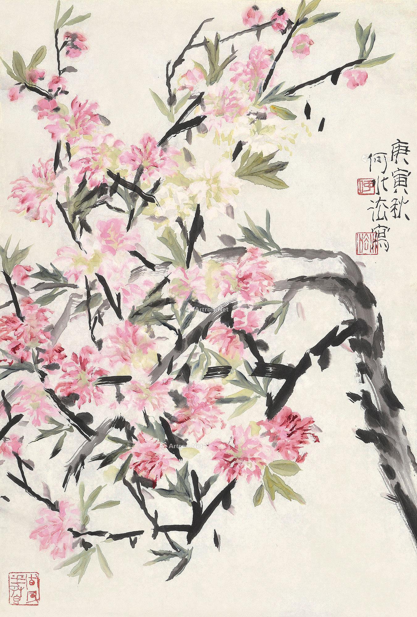 庚寅2010年作 桃枝春晓 镜框 设色纸本