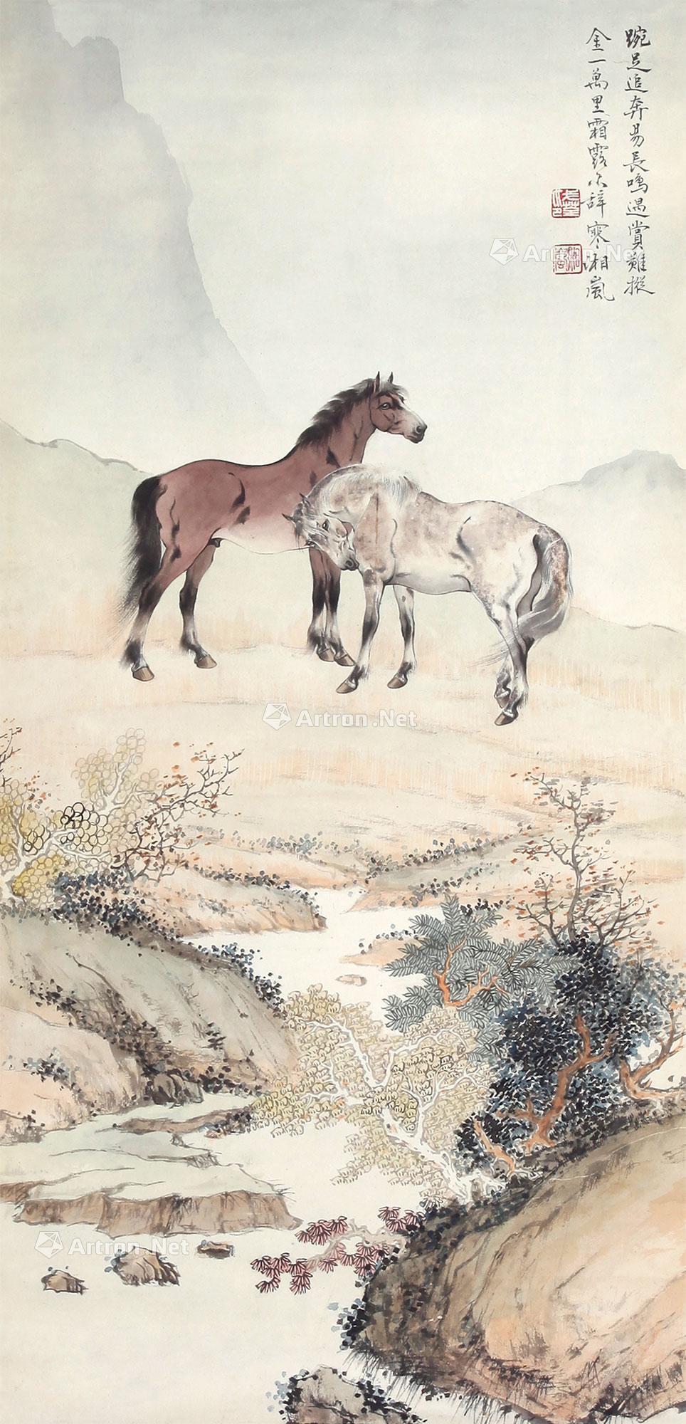 双马立轴设色纸本