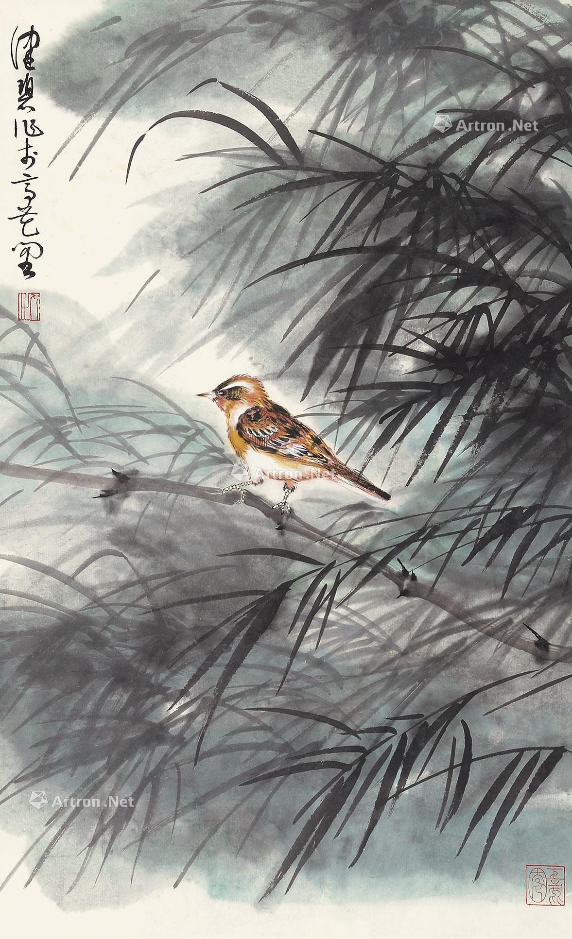 风竹麻雀 立轴 设色纸本