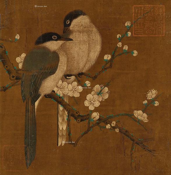 腊梅双禽 镜心 设色绢本