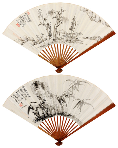 仿倪瓒山水·竹石 成扇 水墨笺本